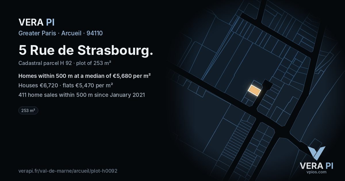 5 Rue de Strasbourg, Arcueil at night – the plot lit, the parcels around coloured by the prices near them