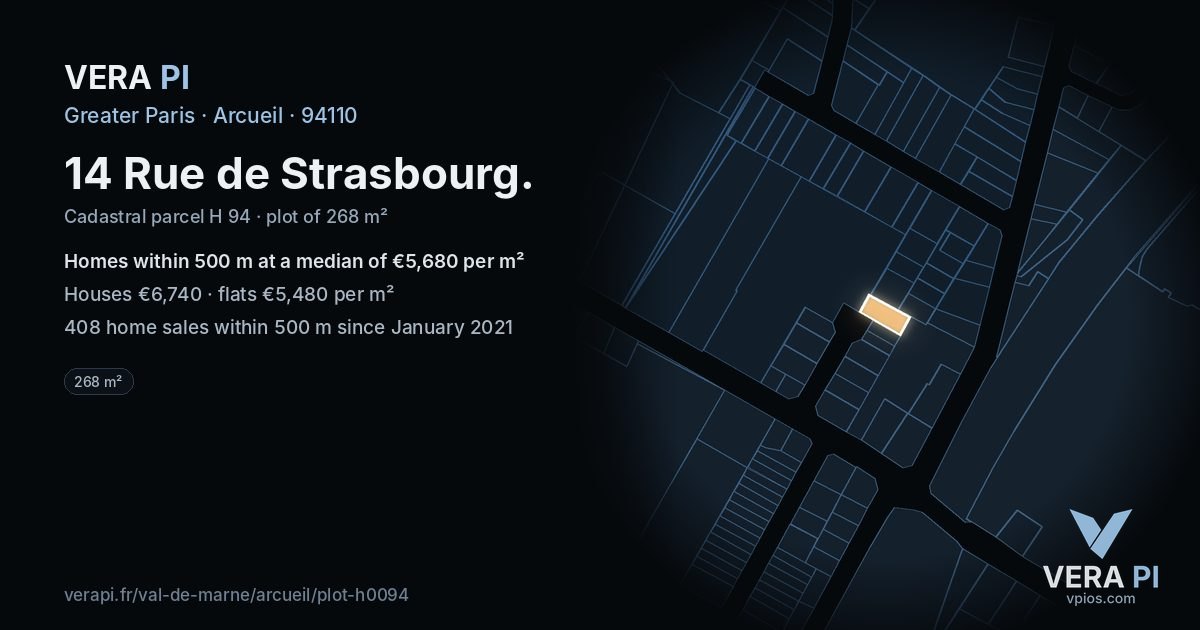 14 Rue de Strasbourg, Arcueil at night – the plot lit, the parcels around coloured by the prices near them
