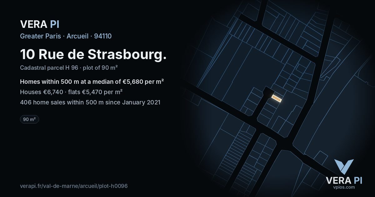 10 Rue de Strasbourg, Arcueil at night – the plot lit, the parcels around coloured by the prices near them