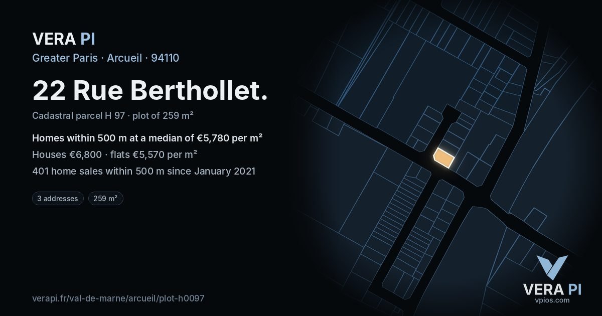 22 Rue Berthollet, Arcueil at night – the plot lit, the parcels around coloured by the prices near them
