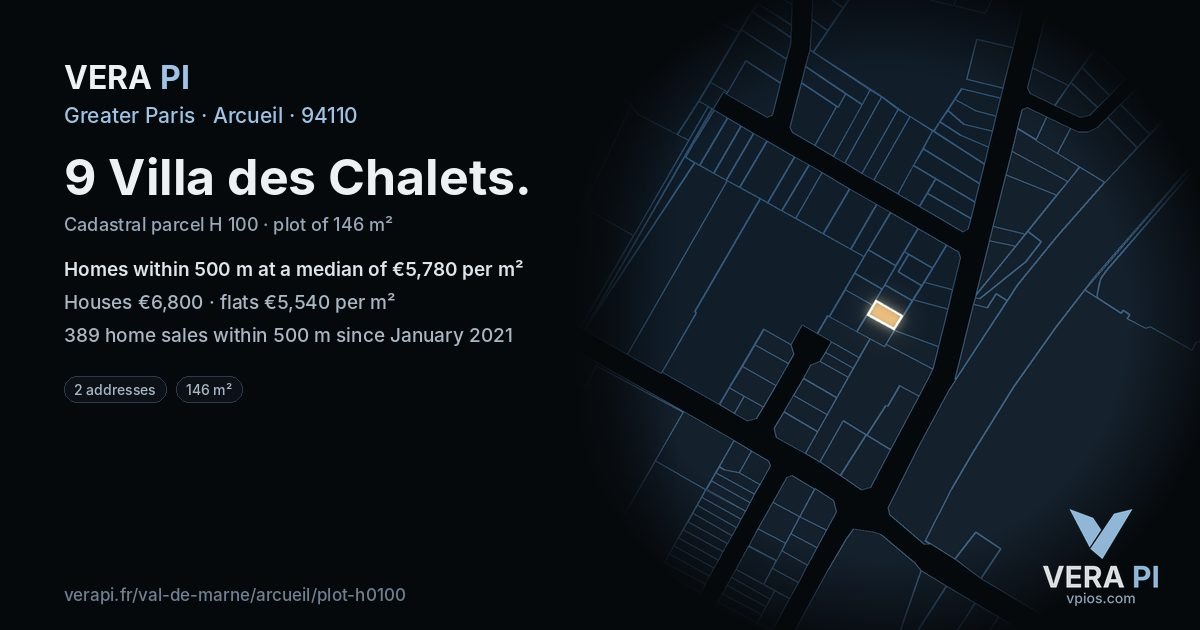 9 Villa des Chalets, Arcueil at night – the plot lit, the parcels around coloured by the prices near them
