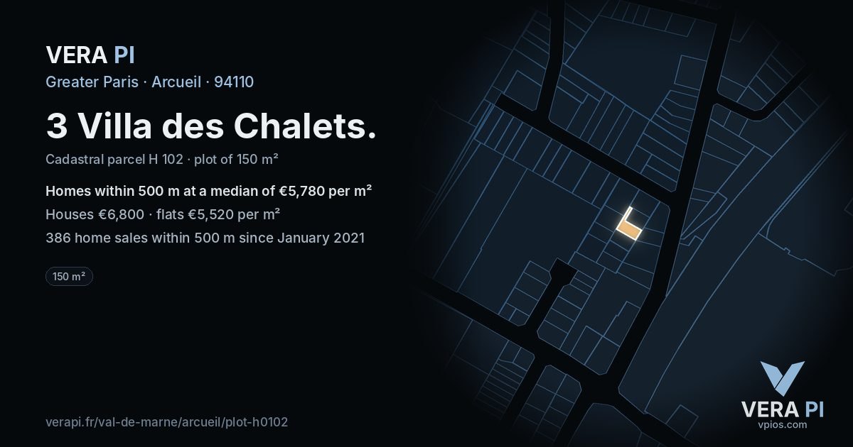 3 Villa des Chalets, Arcueil at night – the plot lit, the parcels around coloured by the prices near them