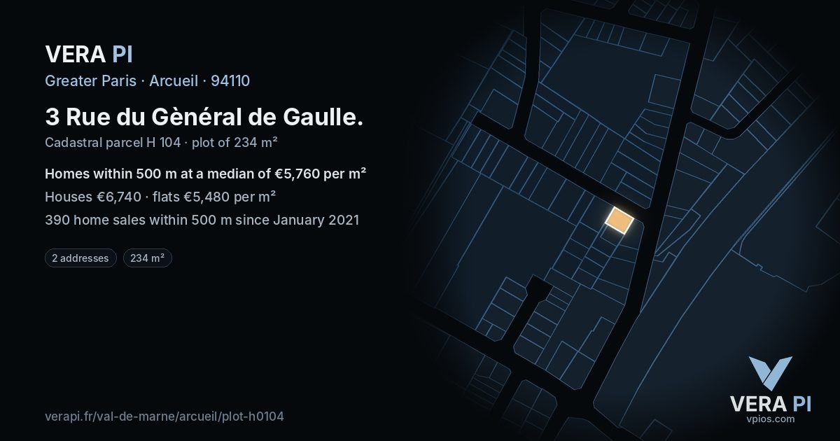 3 Rue du Gènéral de Gaulle, Arcueil at night – the plot lit, the parcels around coloured by the prices near them