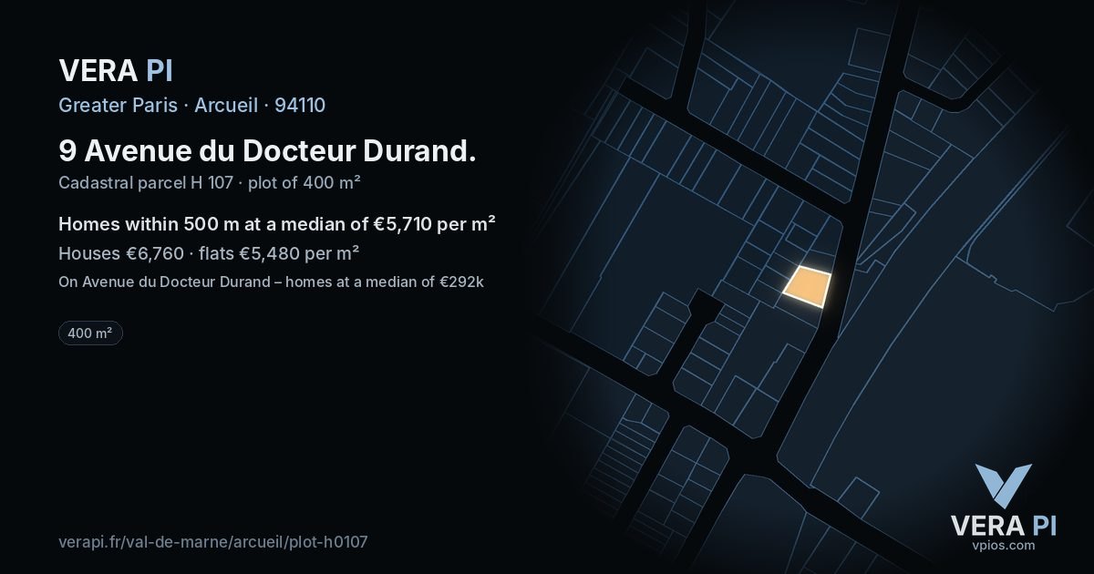 9 Avenue du Docteur Durand, Arcueil at night – the plot lit, the parcels around coloured by the prices near them