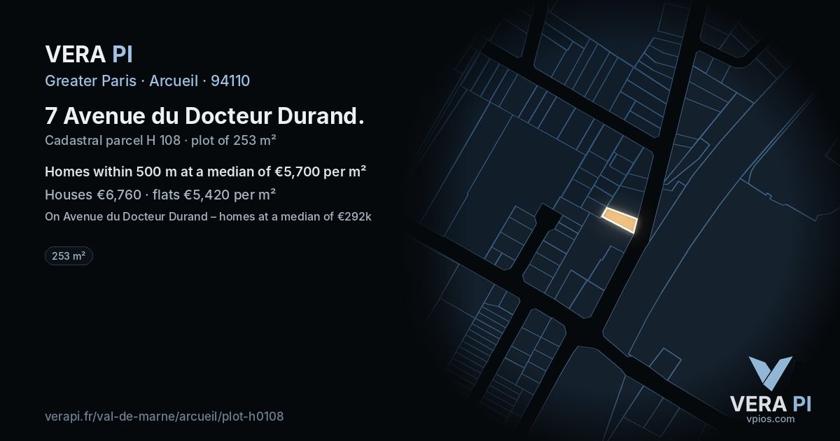 7 Avenue du Docteur Durand, Arcueil at night – the plot lit, the parcels around coloured by the prices near them