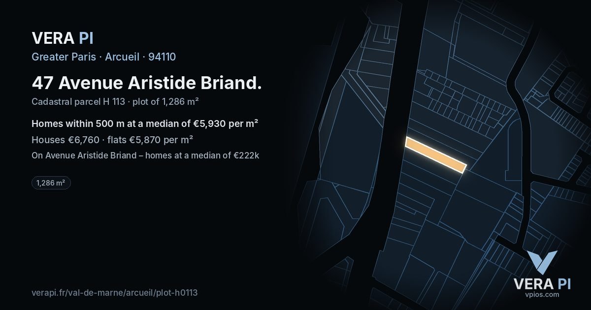 47 Avenue Aristide Briand, Arcueil at night – the plot lit, the parcels around coloured by the prices near them