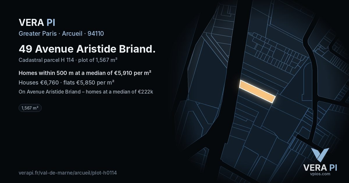 49 Avenue Aristide Briand, Arcueil at night – the plot lit, the parcels around coloured by the prices near them