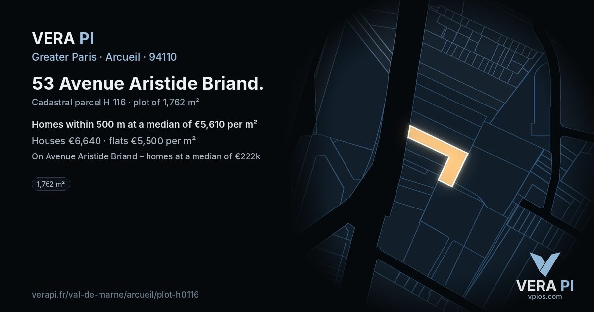 53 Avenue Aristide Briand, Arcueil at night – the plot lit, the parcels around coloured by the prices near them