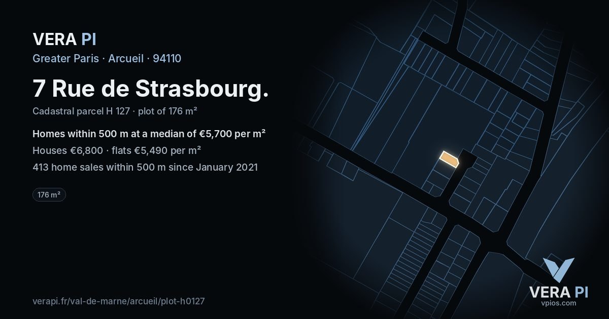 7 Rue de Strasbourg, Arcueil at night – the plot lit, the parcels around coloured by the prices near them