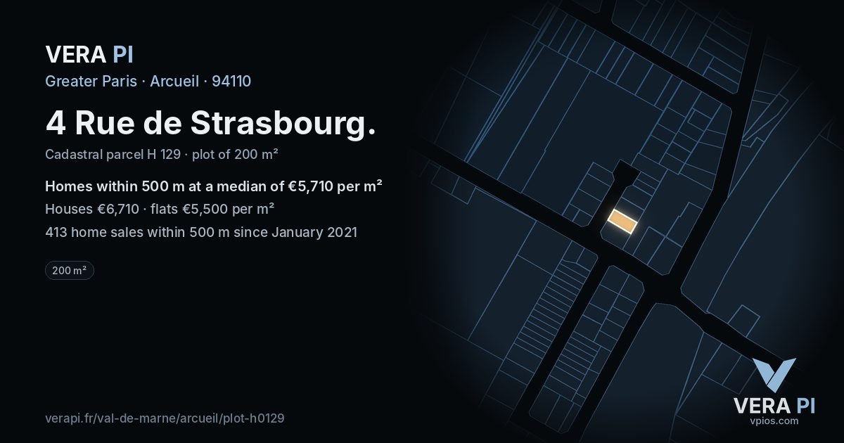 4 Rue de Strasbourg, Arcueil at night – the plot lit, the parcels around coloured by the prices near them
