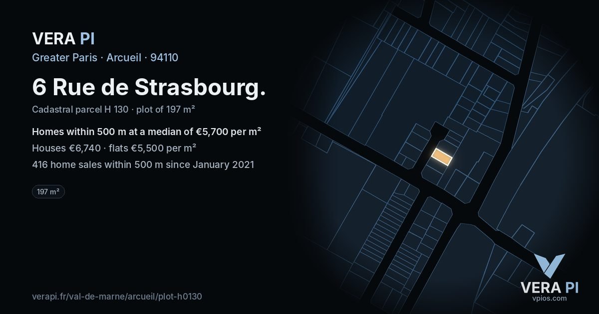 6 Rue de Strasbourg, Arcueil at night – the plot lit, the parcels around coloured by the prices near them