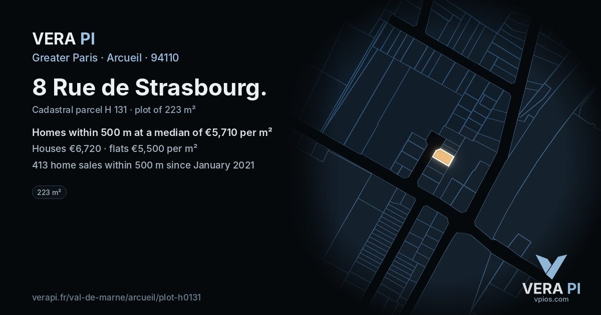 8 Rue de Strasbourg, Arcueil at night – the plot lit, the parcels around coloured by the prices near them