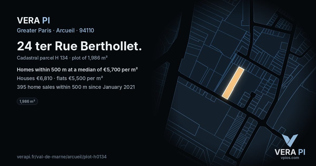 24 ter Rue Berthollet, Arcueil at night – the plot lit, the parcels around coloured by the prices near them
