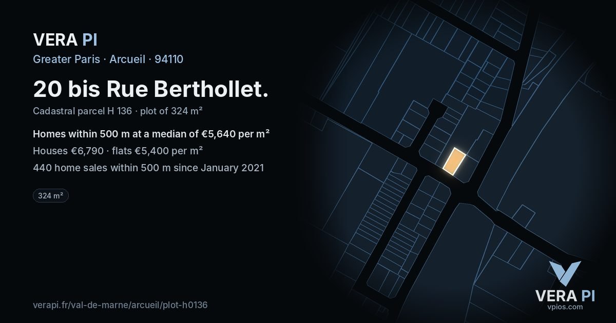 20 bis Rue Berthollet, Arcueil at night – the plot lit, the parcels around coloured by the prices near them