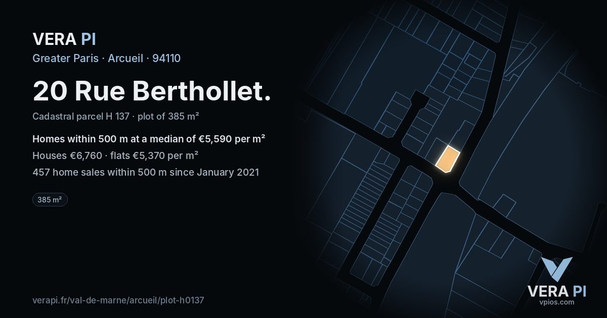 20 Rue Berthollet, Arcueil at night – the plot lit, the parcels around coloured by the prices near them