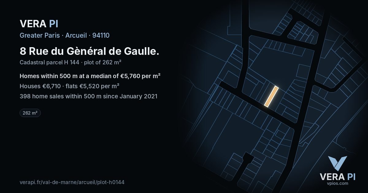 8 Rue du Gènéral de Gaulle, Arcueil at night – the plot lit, the parcels around coloured by the prices near them