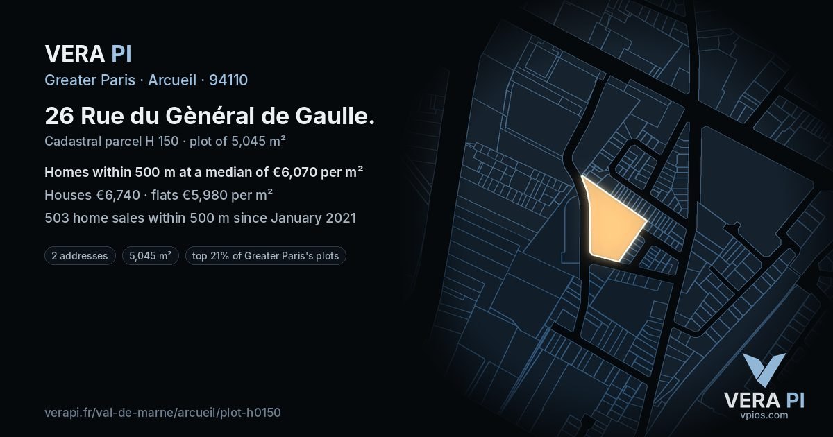 26 Rue du Gènéral de Gaulle, Arcueil at night – the plot lit, the parcels around coloured by the prices near them