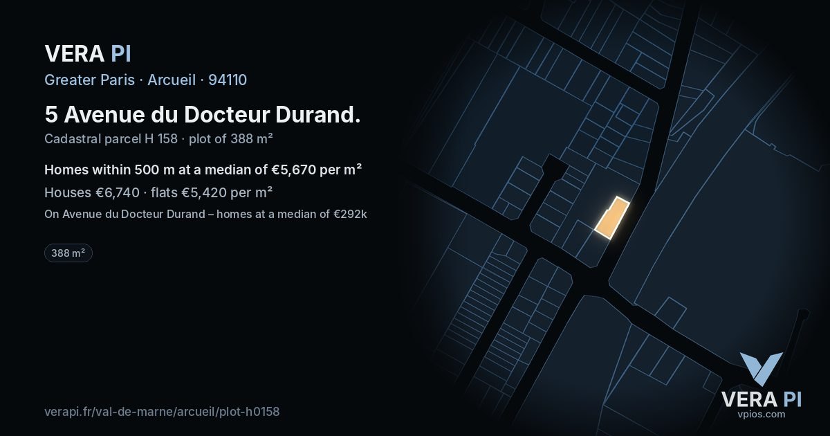 5 Avenue du Docteur Durand, Arcueil at night – the plot lit, the parcels around coloured by the prices near them