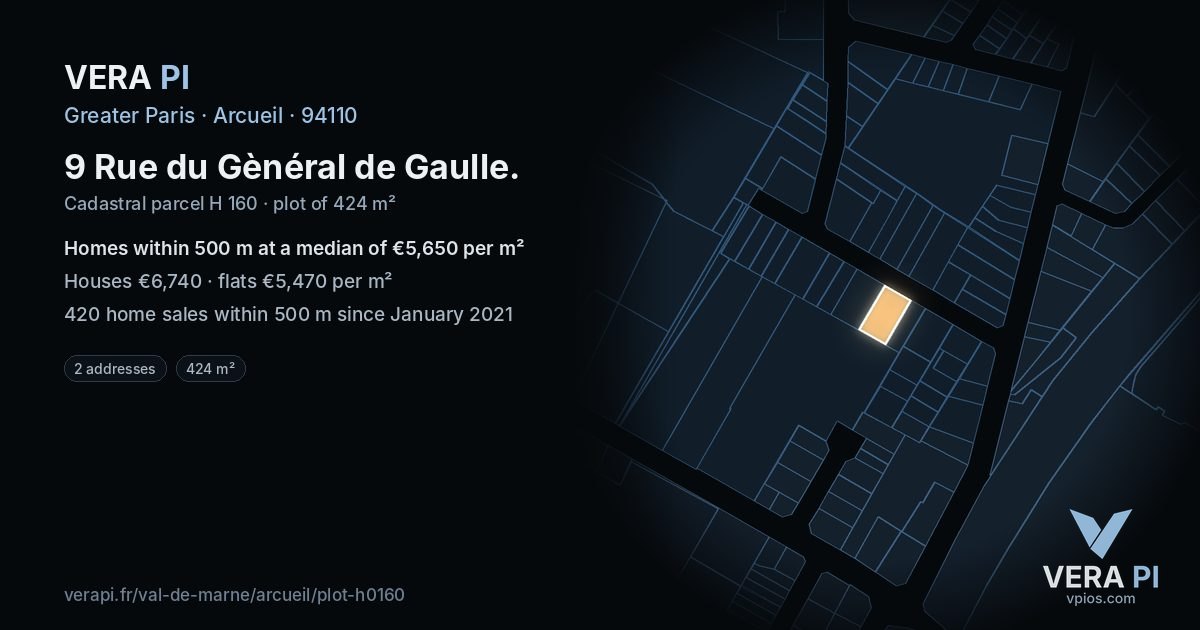 9 Rue du Gènéral de Gaulle, Arcueil at night – the plot lit, the parcels around coloured by the prices near them