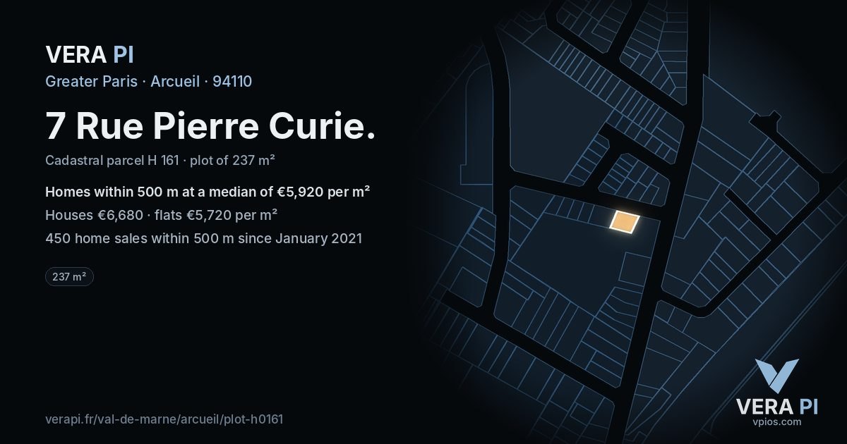 7 Rue Pierre Curie, Arcueil at night – the plot lit, the parcels around coloured by the prices near them