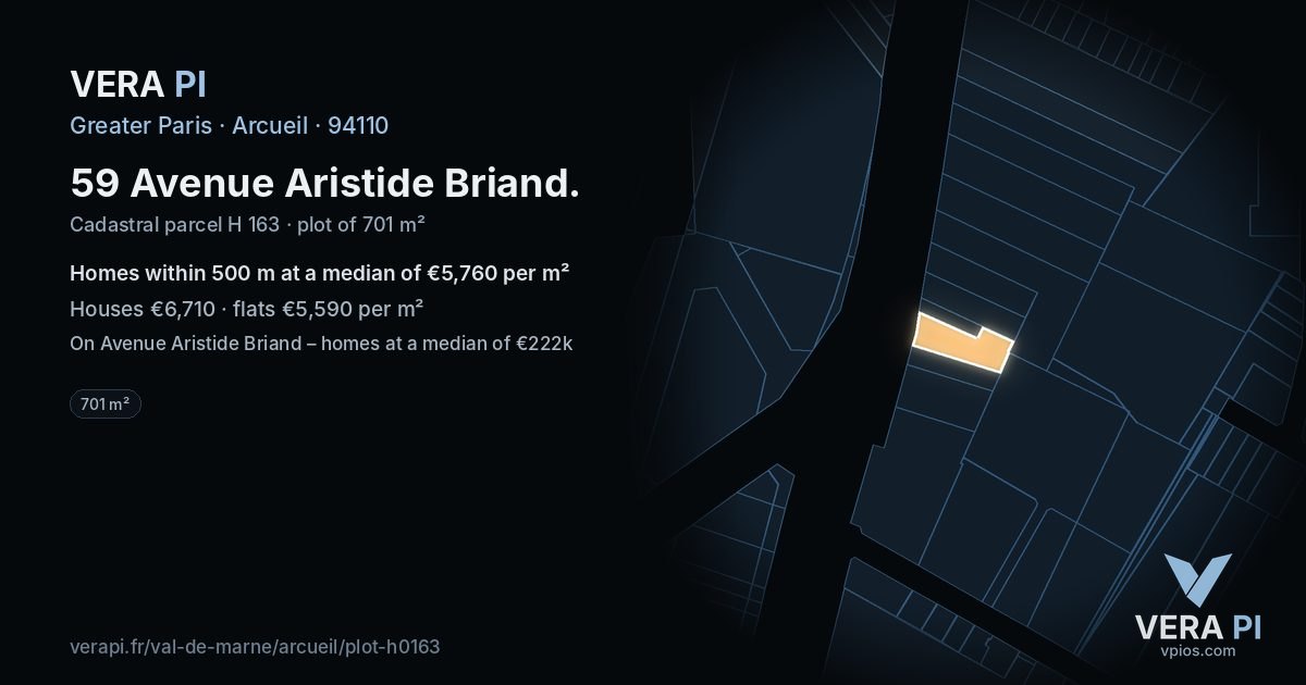 59 Avenue Aristide Briand, Arcueil at night – the plot lit, the parcels around coloured by the prices near them