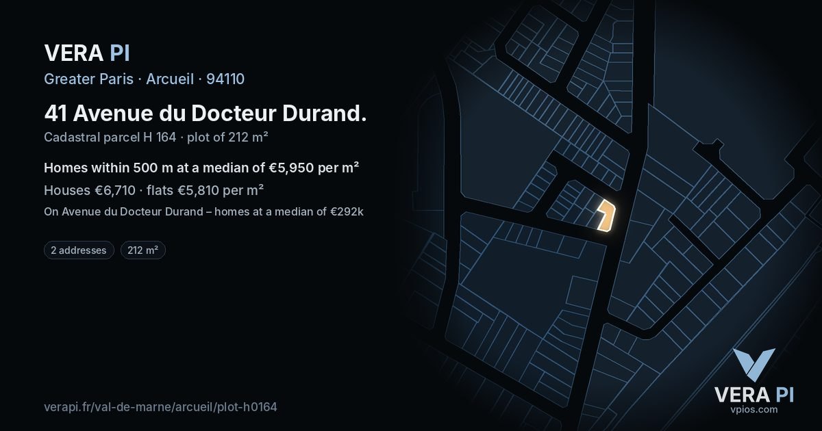 41 Avenue du Docteur Durand, Arcueil at night – the plot lit, the parcels around coloured by the prices near them