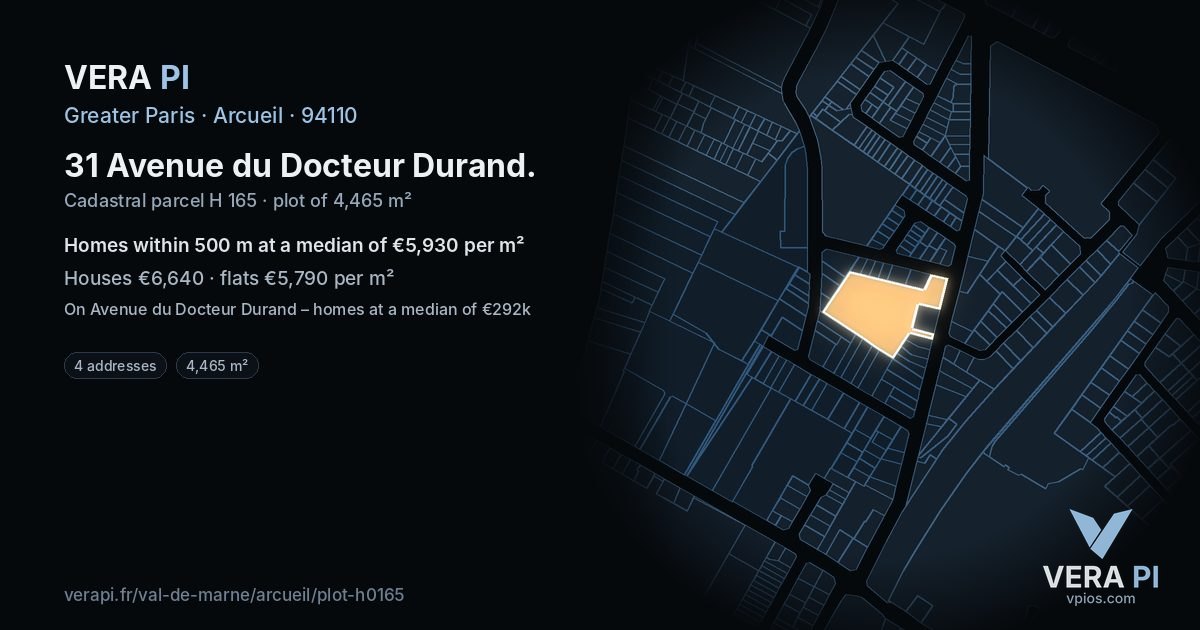 31 Avenue du Docteur Durand, Arcueil at night – the plot lit, the parcels around coloured by the prices near them