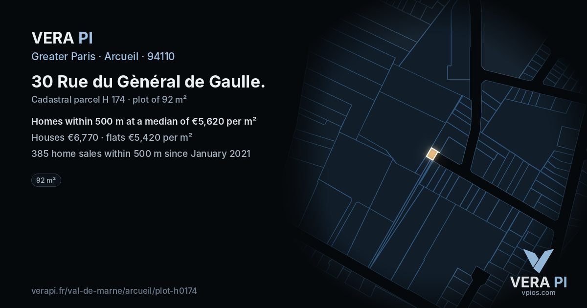 30 Rue du Gènéral de Gaulle, Arcueil at night – the plot lit, the parcels around coloured by the prices near them