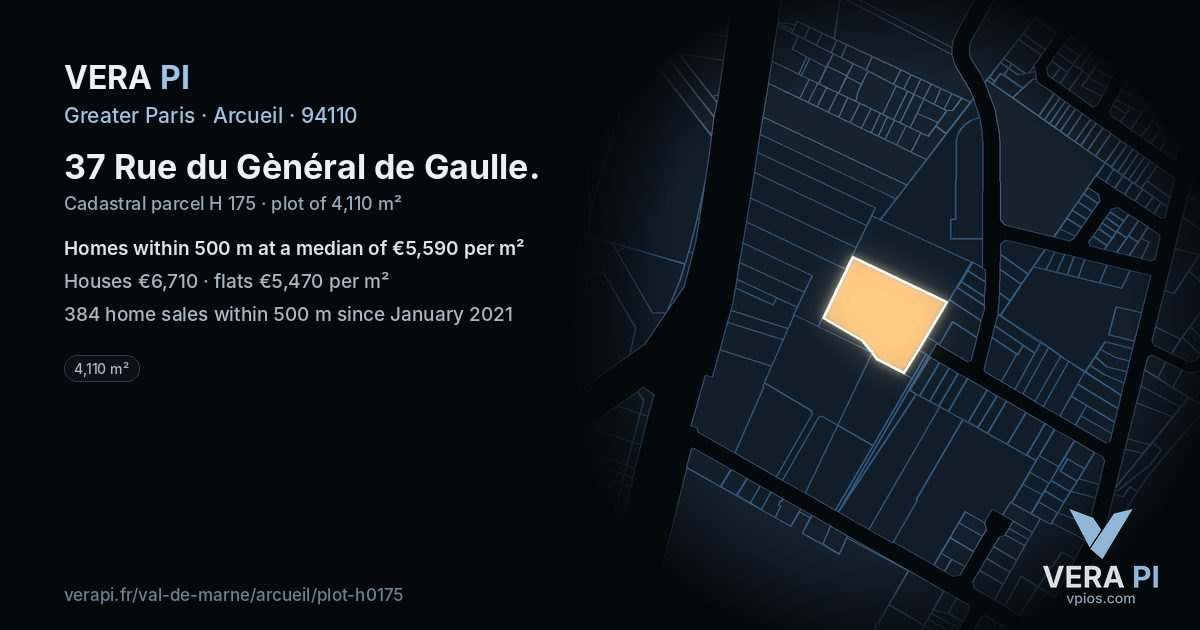 37 Rue du Gènéral de Gaulle, Arcueil at night – the plot lit, the parcels around coloured by the prices near them