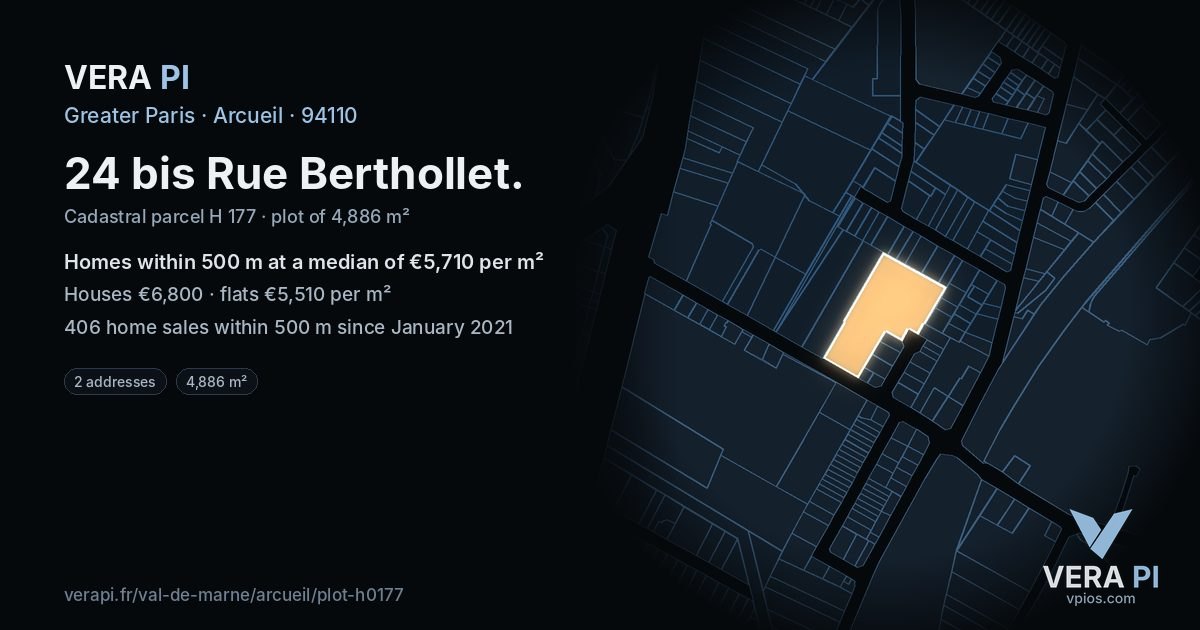 24 bis Rue Berthollet, Arcueil at night – the plot lit, the parcels around coloured by the prices near them
