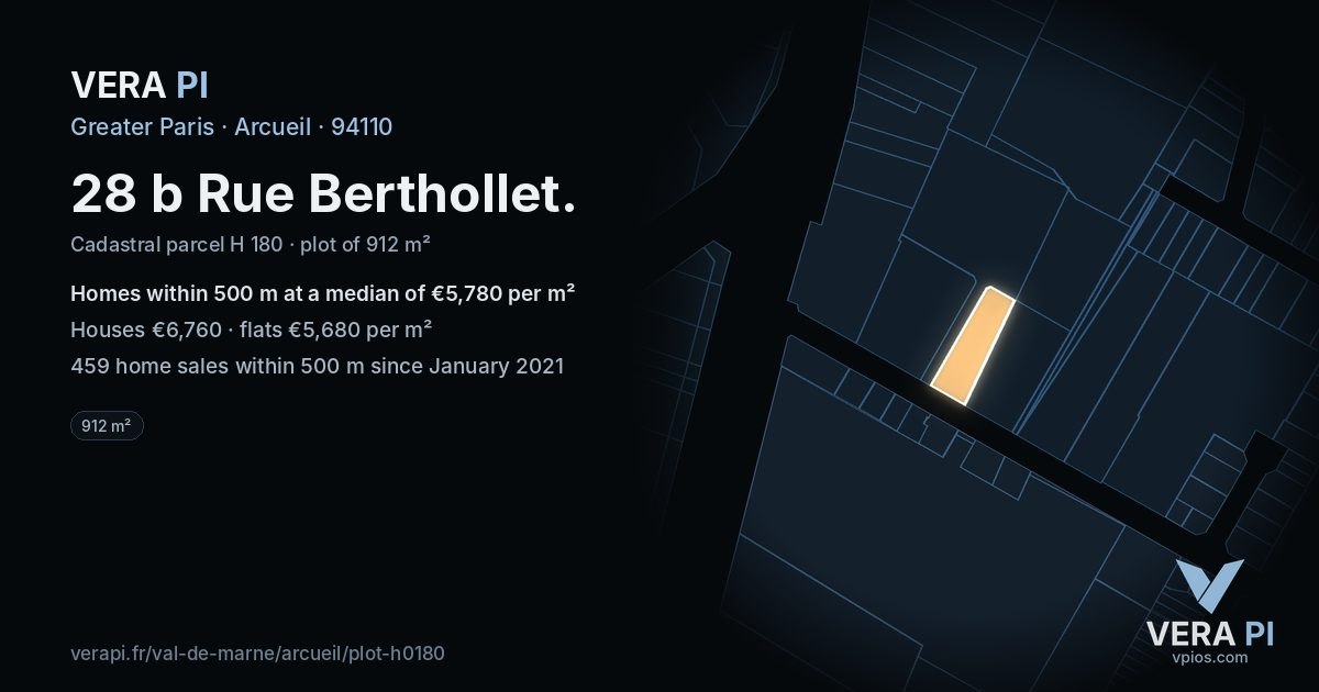 28 b Rue Berthollet, Arcueil at night – the plot lit, the parcels around coloured by the prices near them