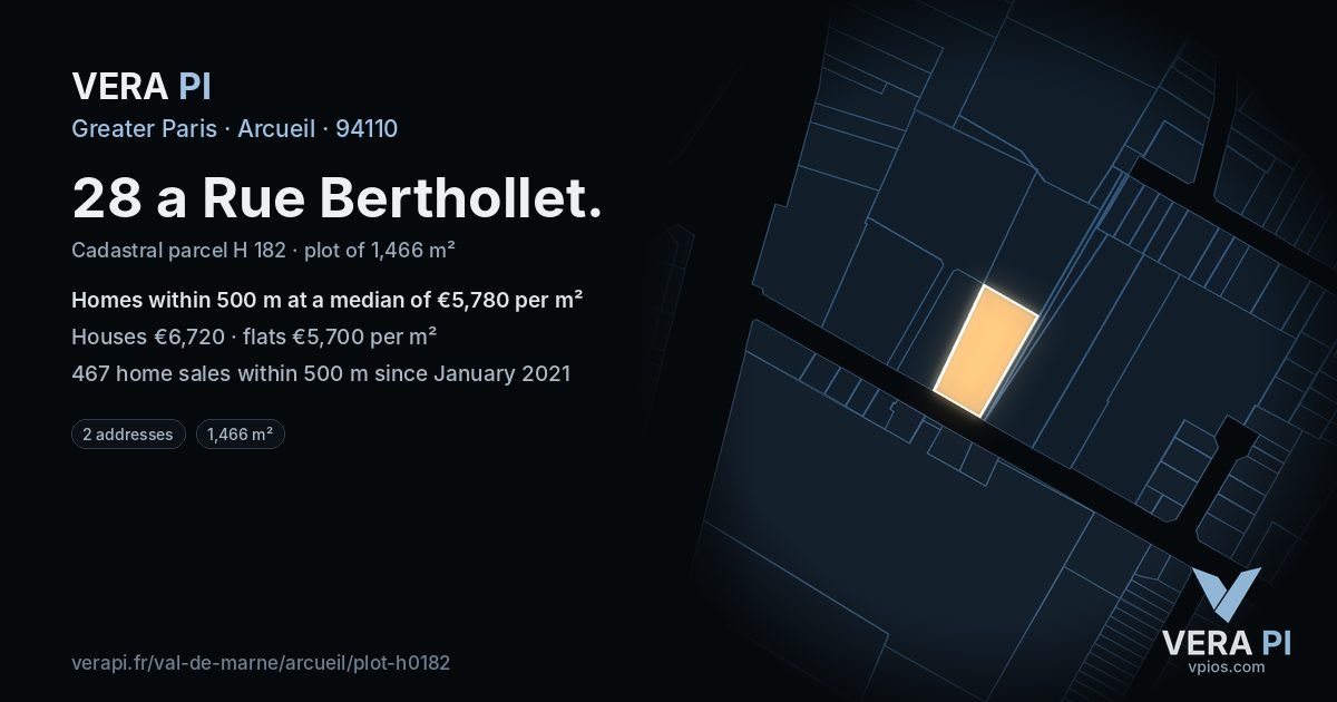 28 a Rue Berthollet, Arcueil at night – the plot lit, the parcels around coloured by the prices near them