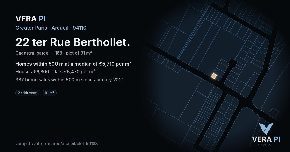 22 ter Rue Berthollet, Arcueil at night – the plot lit, the parcels around coloured by the prices near them