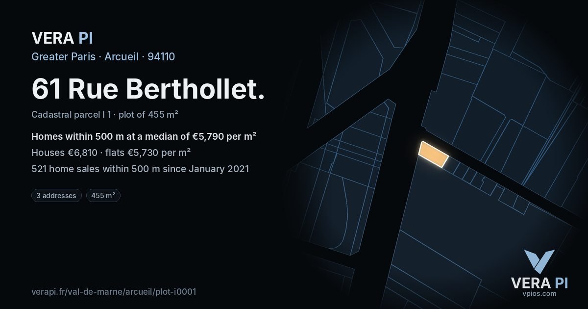 61 Rue Berthollet, Arcueil at night – the plot lit, the parcels around coloured by the prices near them