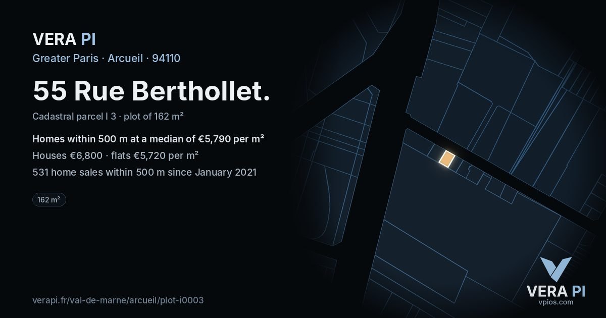 55 Rue Berthollet, Arcueil at night – the plot lit, the parcels around coloured by the prices near them