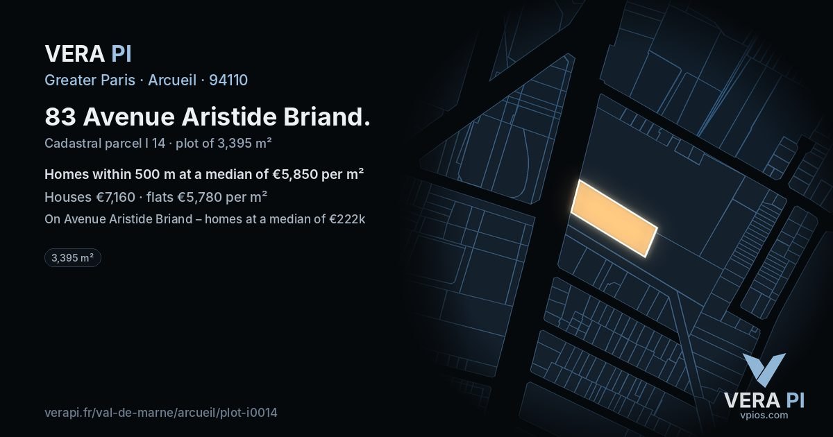 83 Avenue Aristide Briand, Arcueil at night – the plot lit, the parcels around coloured by the prices near them