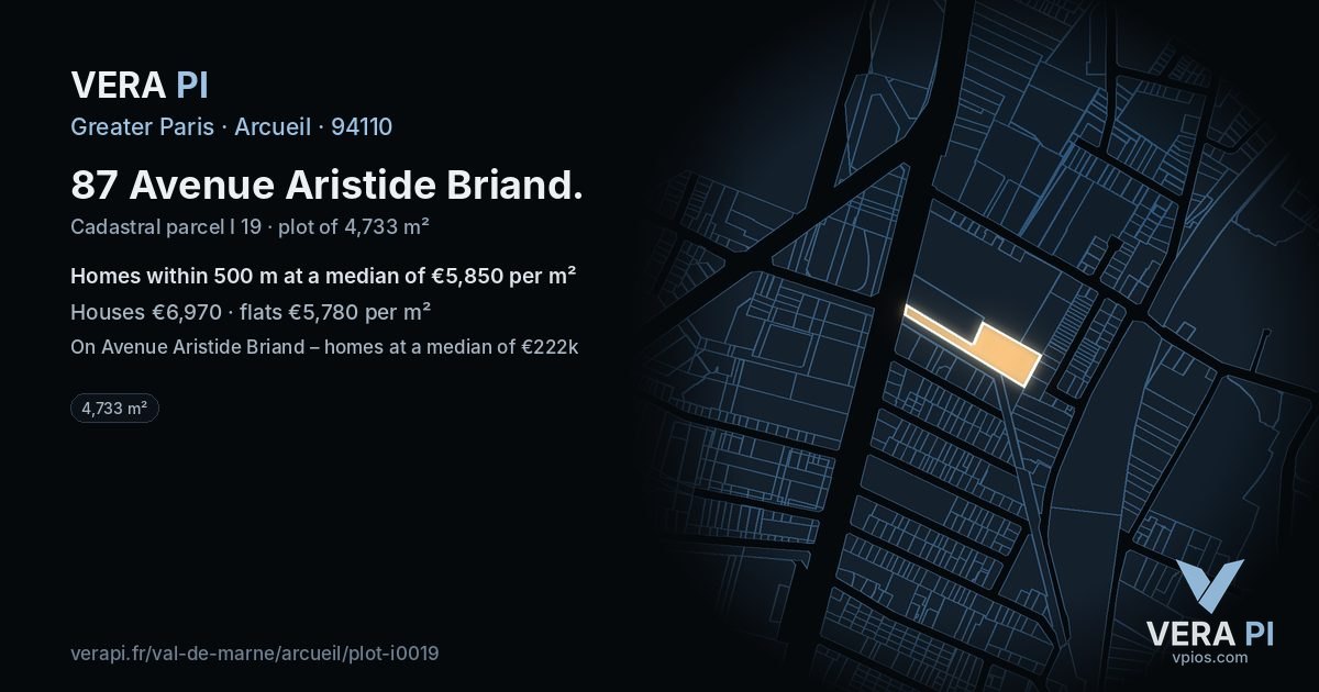 87 Avenue Aristide Briand, Arcueil at night – the plot lit, the parcels around coloured by the prices near them
