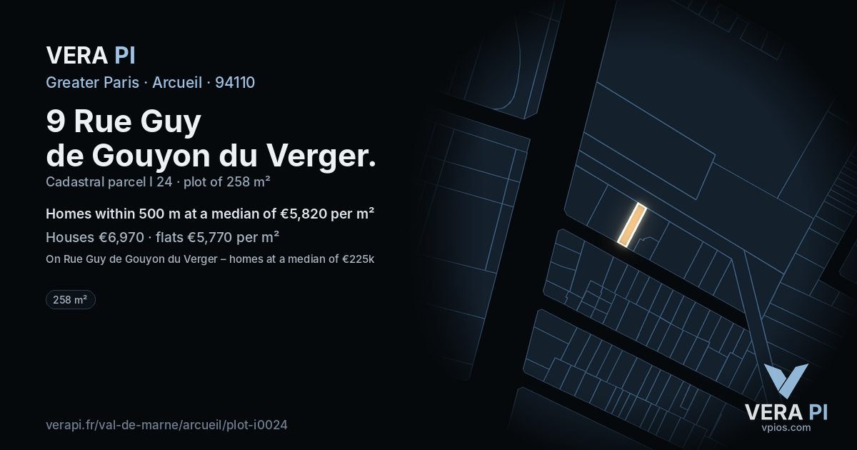 9 Rue Guy de Gouyon du Verger, Arcueil at night – the plot lit, the parcels around coloured by the prices near them