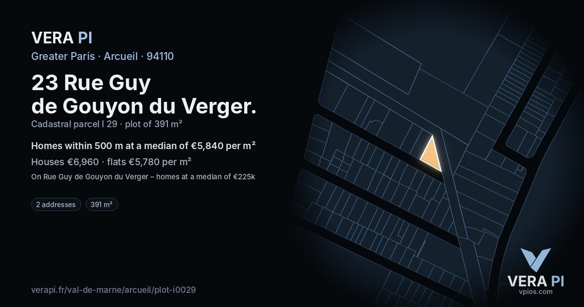 23 Rue Guy de Gouyon du Verger, Arcueil at night – the plot lit, the parcels around coloured by the prices near them