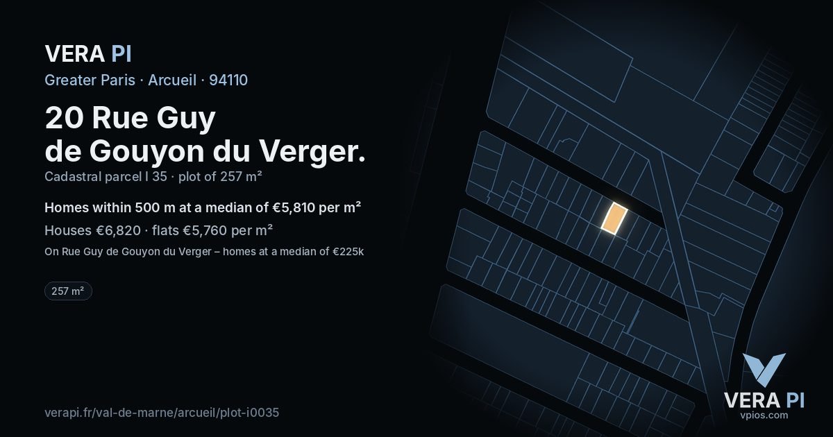 20 Rue Guy de Gouyon du Verger, Arcueil at night – the plot lit, the parcels around coloured by the prices near them