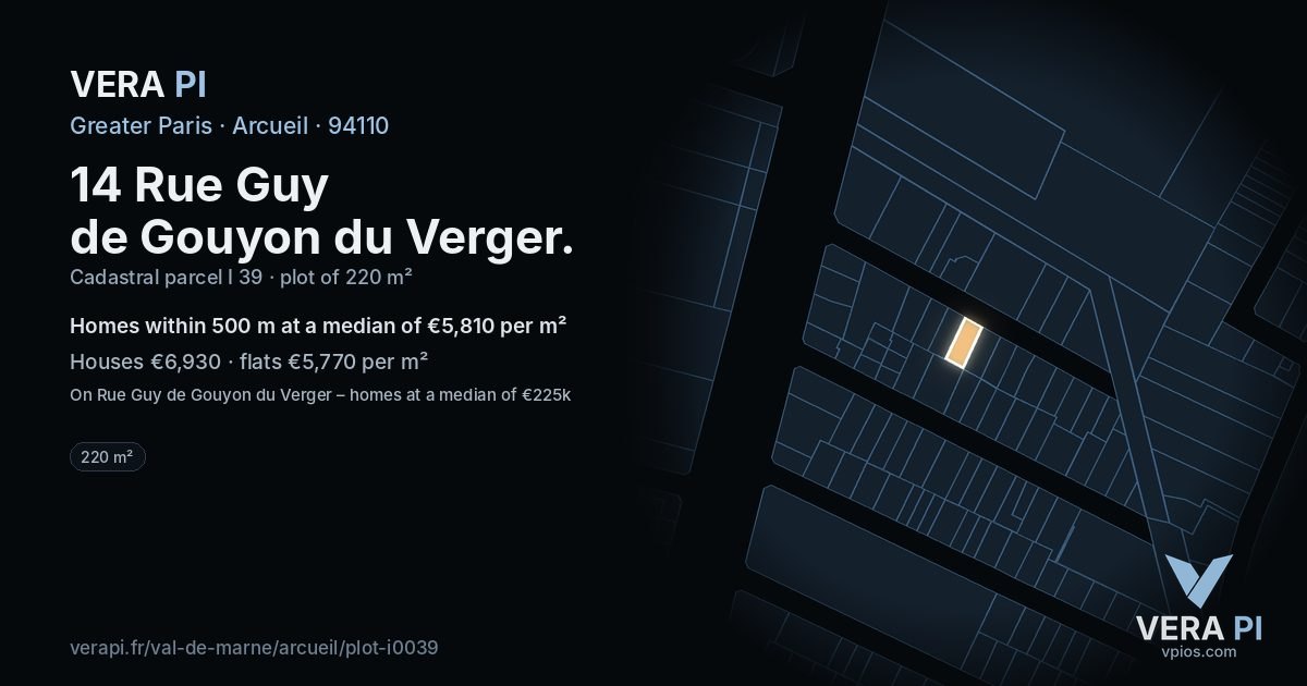 14 Rue Guy de Gouyon du Verger, Arcueil at night – the plot lit, the parcels around coloured by the prices near them
