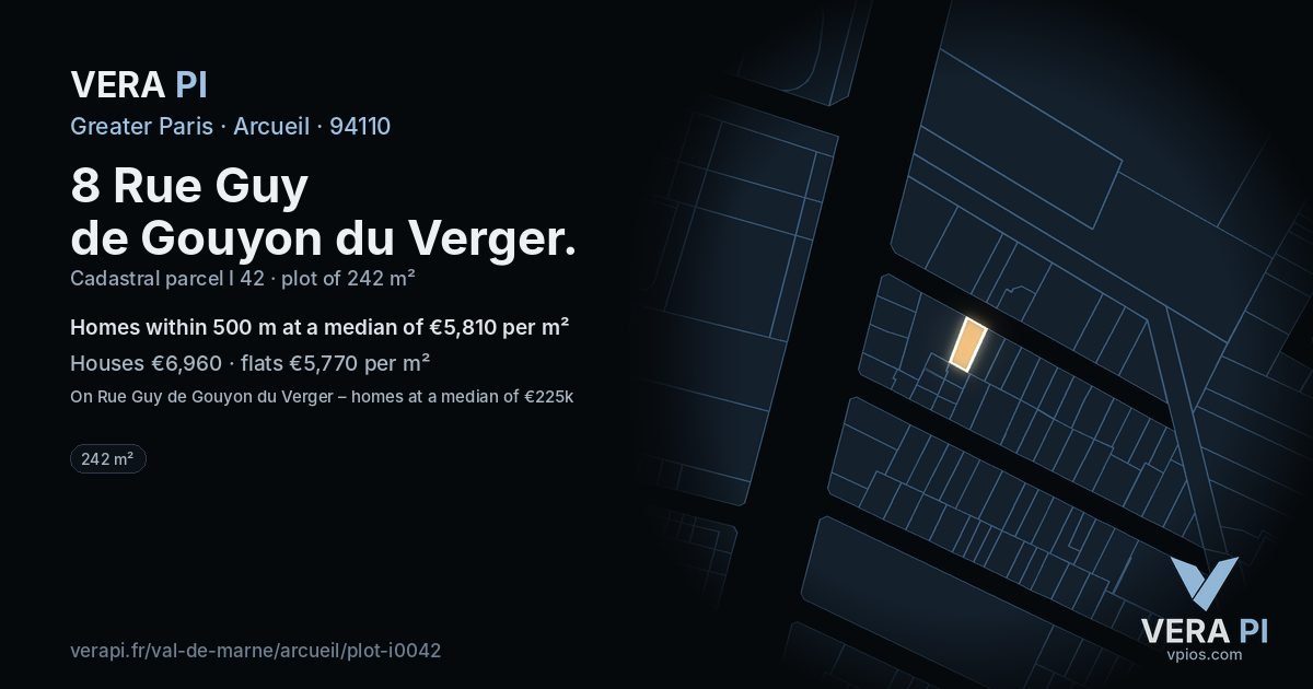8 Rue Guy de Gouyon du Verger, Arcueil at night – the plot lit, the parcels around coloured by the prices near them