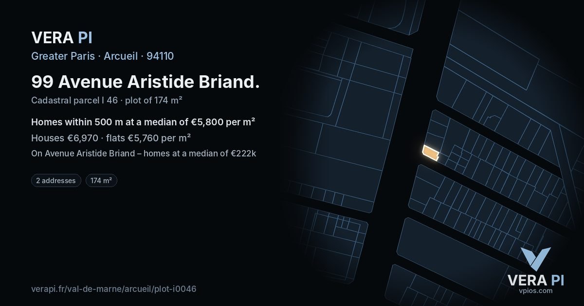 99 Avenue Aristide Briand, Arcueil at night – the plot lit, the parcels around coloured by the prices near them