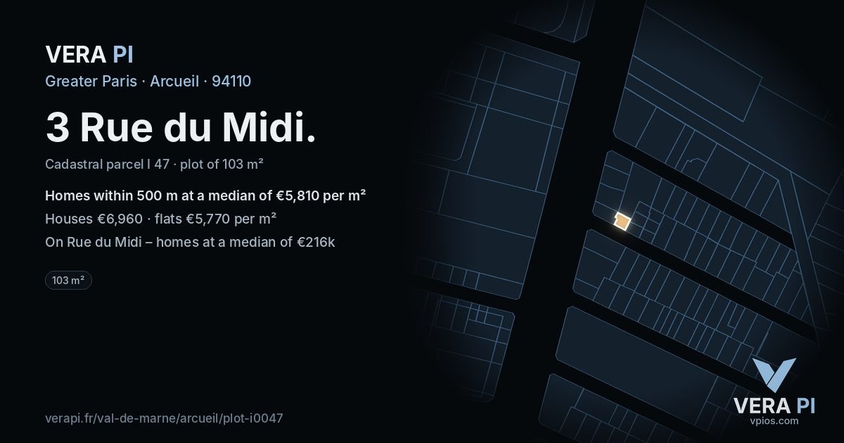 3 Rue du Midi, Arcueil at night – the plot lit, the parcels around coloured by the prices near them