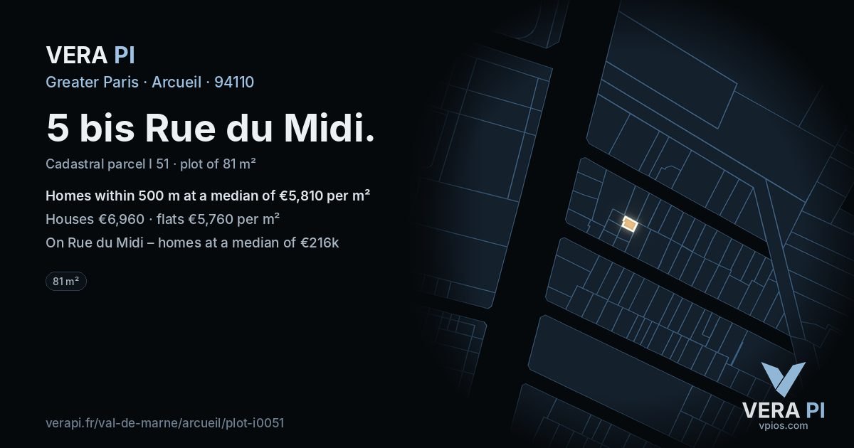 5 bis Rue du Midi, Arcueil at night – the plot lit, the parcels around coloured by the prices near them