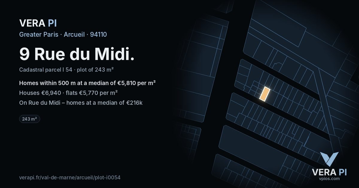 9 Rue du Midi, Arcueil at night – the plot lit, the parcels around coloured by the prices near them