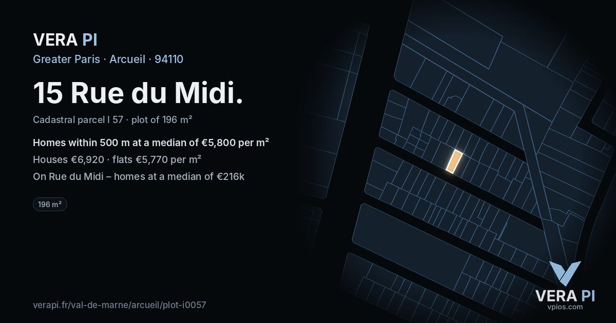 15 Rue du Midi, Arcueil at night – the plot lit, the parcels around coloured by the prices near them