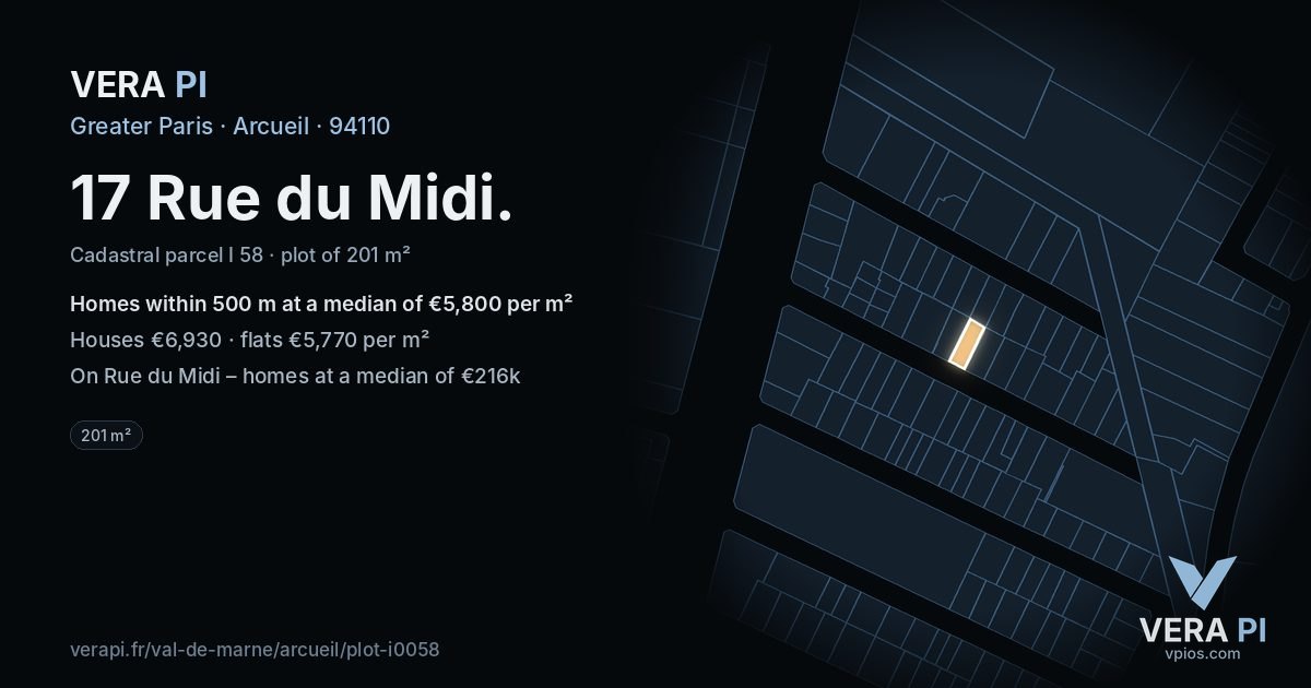 17 Rue du Midi, Arcueil at night – the plot lit, the parcels around coloured by the prices near them