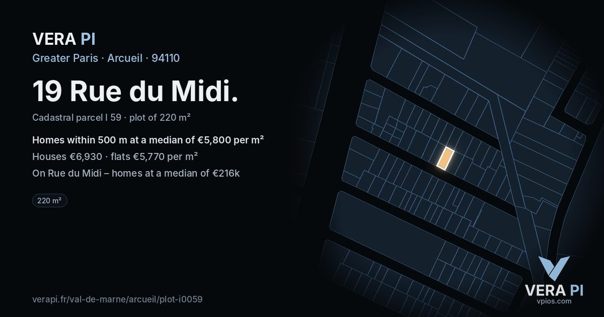 19 Rue du Midi, Arcueil at night – the plot lit, the parcels around coloured by the prices near them