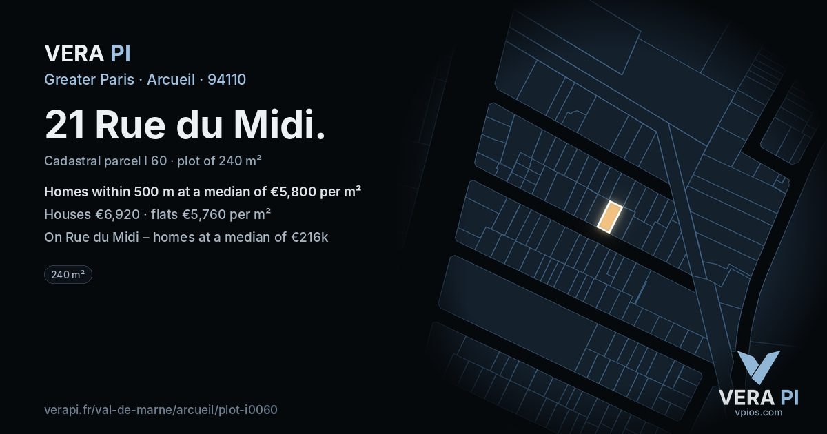 21 Rue du Midi, Arcueil at night – the plot lit, the parcels around coloured by the prices near them